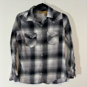 Wrangler Women Small Snap Button Plaid Long Sleeve Black Gray Shirt Western